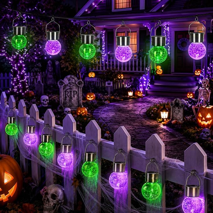 GIGALUMI Solar Hanging Lights Outside Halloween Decoration Lanterns 8 PC | Purple, Halloween, Solar Powered, Waterproof, Decorative, Crackle Glass, Graden&Tree Decoration, Gifts for Women, Ornaments