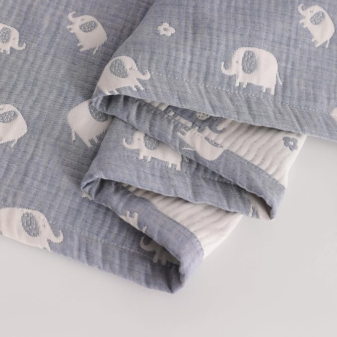 NTBAY 3 Layer Muslin Toddler Blanket, 30 x 40, Blue Elephant | Breathable Muslin Cotton Outer Layers with Light Thermal Fill, Reversible for Stroller, Daycare, Travel, and Supervised Use