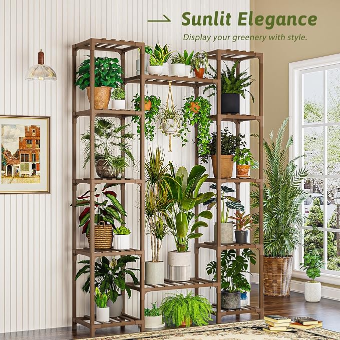 GENTINGBRO Plant Stand Indoor Outdoor 62.2“ Tall Plant Shelf Large Tiered Flower Stands for Multiple Display Wood Hanging Planter Holder for Living Room Garden Balcony Patio Decor