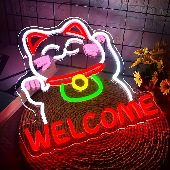 Welcome Cat Neon Sign for Wall Decor Lucky Cat Neon Light for Japanese Cave | Dimmable Neon,Birthday Japanese Gifts,Led 5V USB Powered,Bar,Resturant,Party,Pub Decor,Business Shop Wall Art,13*13in
