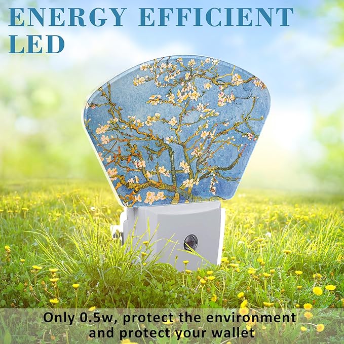 Blossoming Almond Tree Oil Painting Plug in Night Lights, Art Painting Nightlight Plug Into Wall Dusk to Dawn Sensor for Kid Girls Boys Women Bedroom,Hallway,Kitchen,Bathroom,Stairs Decor