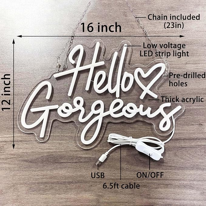 Hello Gorgeous Neon Signs for Wall Decor with Heart, Blue Hello Gorgeous LED Sign Lights for Bedroom Dorm Salon Wedding Party, Cute Makeup Dressing Beauty Room Decor, Preppy Girls Woman Cave
