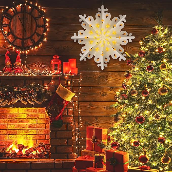 23.6 Inch Christmas Star Snowflake Paper Lantern with Light Timer Paper Lamp Party Supplies Hanging Decoration for Weddings Christmas Trees Birthday Holiday Party Celebration (Adorable Style)