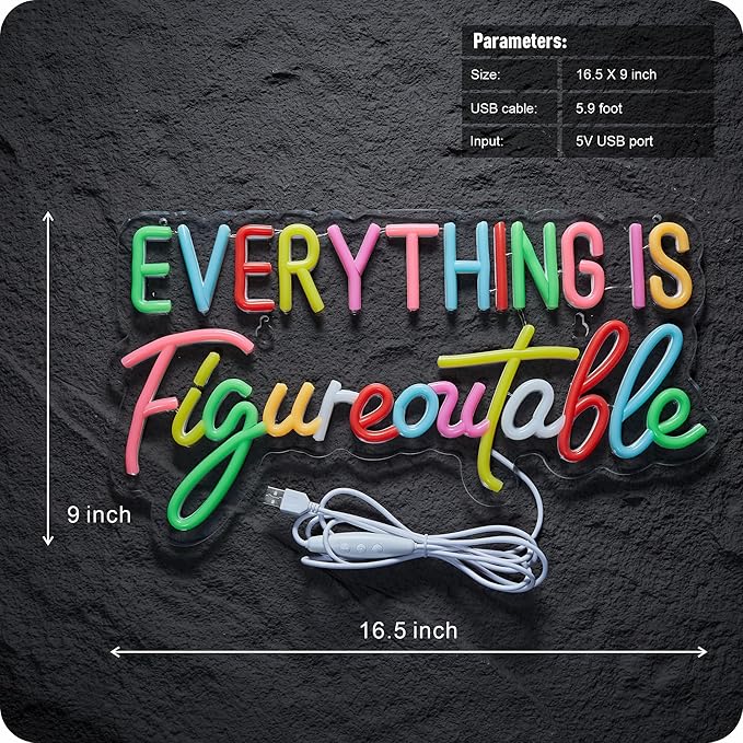Everything Is Figureoutable Neon Sign, Positive Affirmation LED Light for Wall Decor Multicolored Light Up Signs for Classroom Kindergarten Wedding Party Store Home, Compatible with Timer