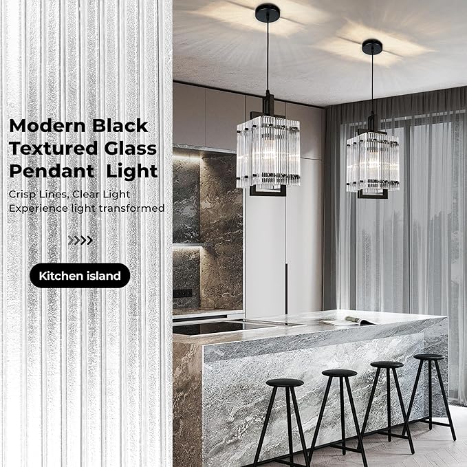 IKK Black Pendant Light for Kitchen Island, Luxury Ribbed Glass Chandelier Lights Fixture, Modern Elegant Adjustable Pendant Lighting for Dining Room Bedroom, E26 Bulb, L6.5'' x H14''