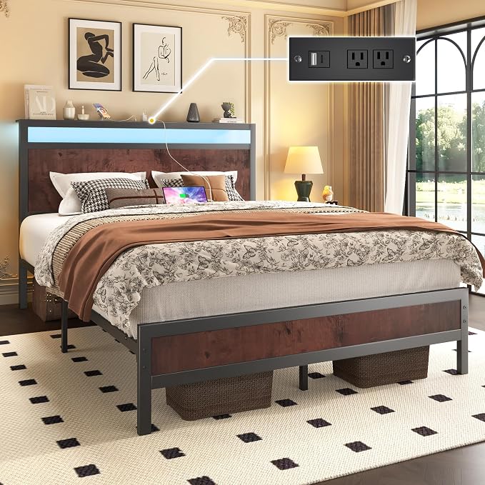 Fluest Full Bed Frame with Headboard & Footboard, Full Bed Frame with Built-in Charging Station & LED Light, Storage Shelf, Noise-Free, No Box Spring Needed, Easy Assembly, Coffee Brown