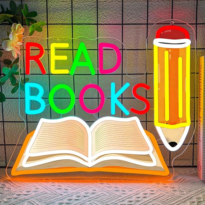 Read Books Neon Sign Printed Pencil and Book Neon Light for Wall Decor | USB Dimmable Read LED Neon Signs for Classroom Reading Room Bookstore Library Bedroom Study Room Bookish Decoration for Teens