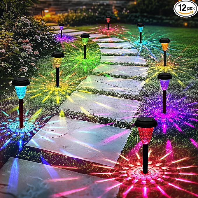 Solar Lights Outdoor Waterproof for Pathway, 12 Pack Color Changing | Solar Pathway Lights, Garden Light for Yard Patio Driveway Walkway Lawn Landscape Lighting for Outdoor Decorations