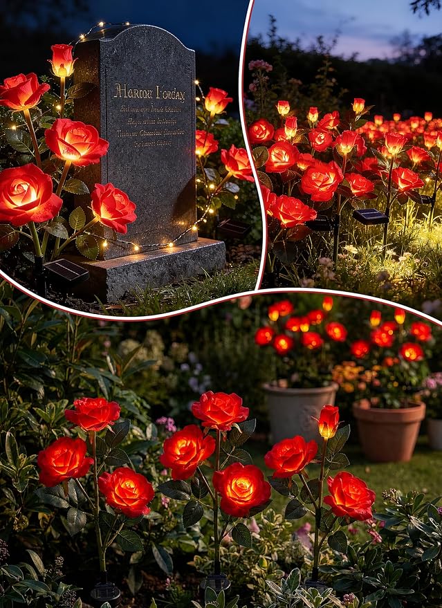 Brightown Solar Garden Lights, 4 Pack LED Rose Flower Lights Waterproof | Larger & Realistic Red Rose, Bigger Solar Panel, Waterproof Solar Lights Outdoor for Yard Garden Lawn Pathway Decorations