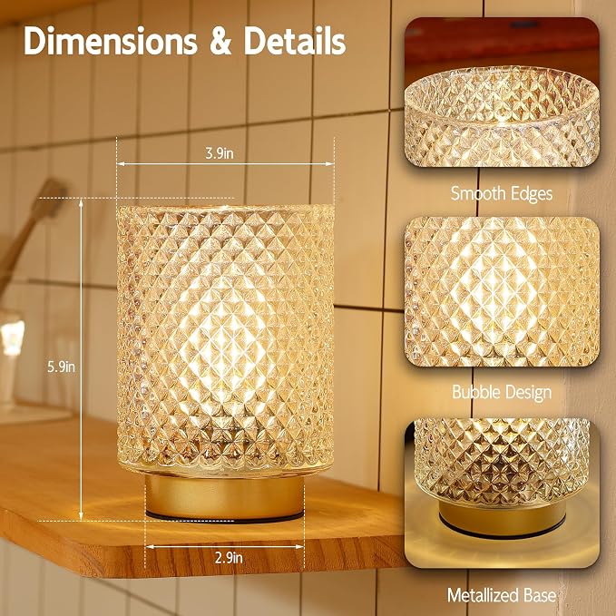 2 Pack Battery Decorative Operated Lamp,Small Accent Table Lamp with Timer for Bedside/shelf,Cordless Glass Ambience Lamp with Warm White Glow for Bookshelf/Entryway/Tabletop Decor(Iridescent Clear)