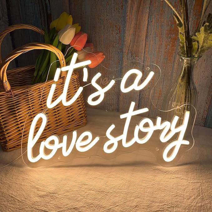 Its a Love Story Neon Sign, Warm White USB Led Light Up Signs for Bedroom Aesthetic Birthday Wedding Party Gift Boyfriend Girlfriend Lover Women Men Room Bathroom Decoration Gift, 15.7 x 11.8 Inch