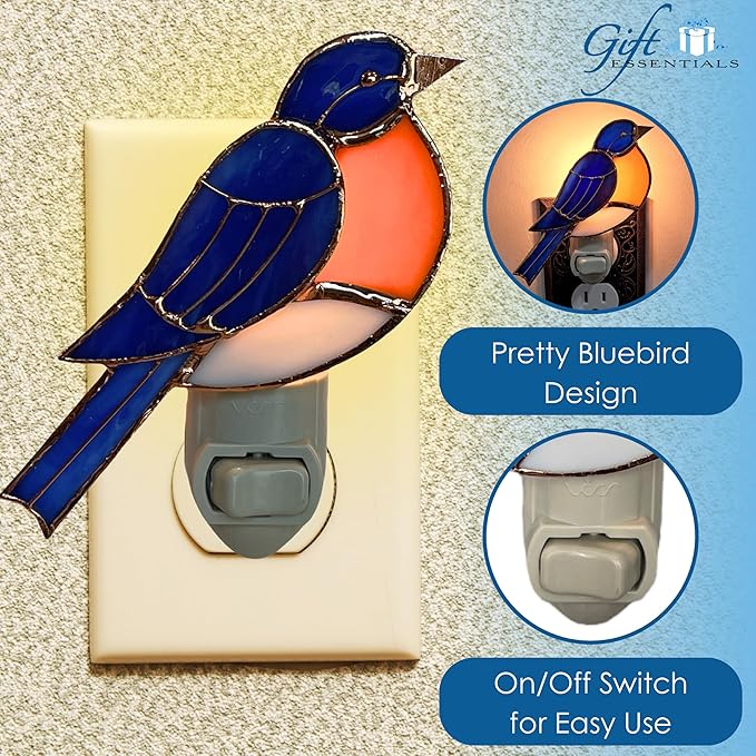 Gift Essentials Bluebird Plug in Night Light - Stained Glass Nightlight with On/Off Rocker Switch - Includes One 4 Watt Replaceable Incandescent Warm Glow Bulb
