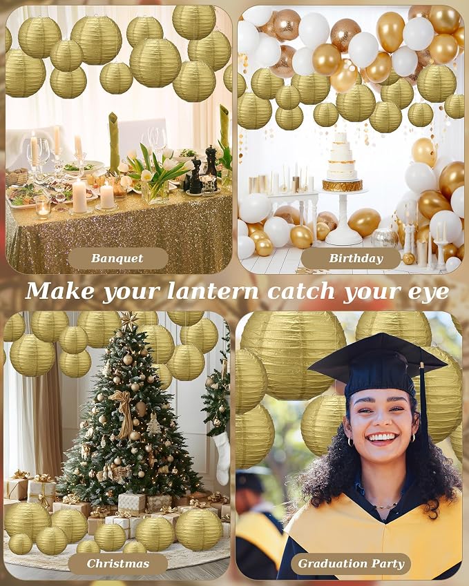Treela 48 Pcs Paper Lanterns Party Decorations Round,Gold | Chinese Hanging Lamps, Wedding, Party Supplies, Birthday Bridal, 4/6/8/10 Inch, Easy Setup, Asian Decor, Festive Atmosphere