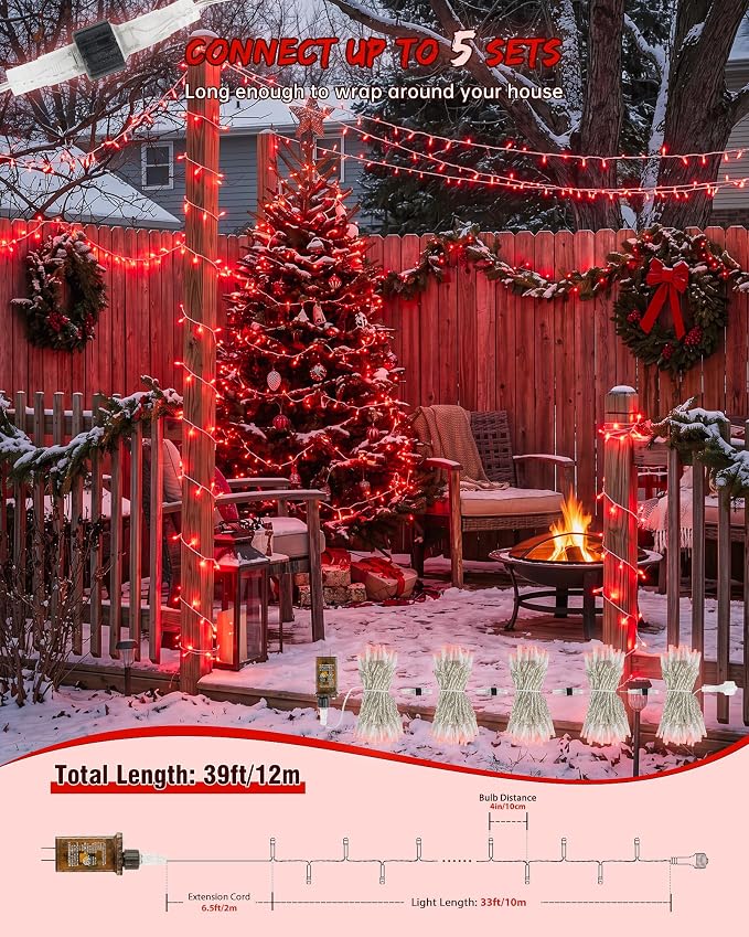 33FT 100 LED Red Christmas Valentine's Day Twinkle String Lights | Remote Control, 13 Modes with Memory, 4 Dimmable Brightness, 4 speed levels, Connectable, IP65 Waterproof, Transparent Wire
