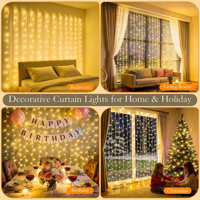 Curtain String Lights Indoor, 300LED 9.8 * 9.8FT USB Plug-in Window Curtain Lights with Timer and 8 Modes, Waterproof Warm White Curtain Fairy Lights for Bedroom Room Wedding Outdoor Decor