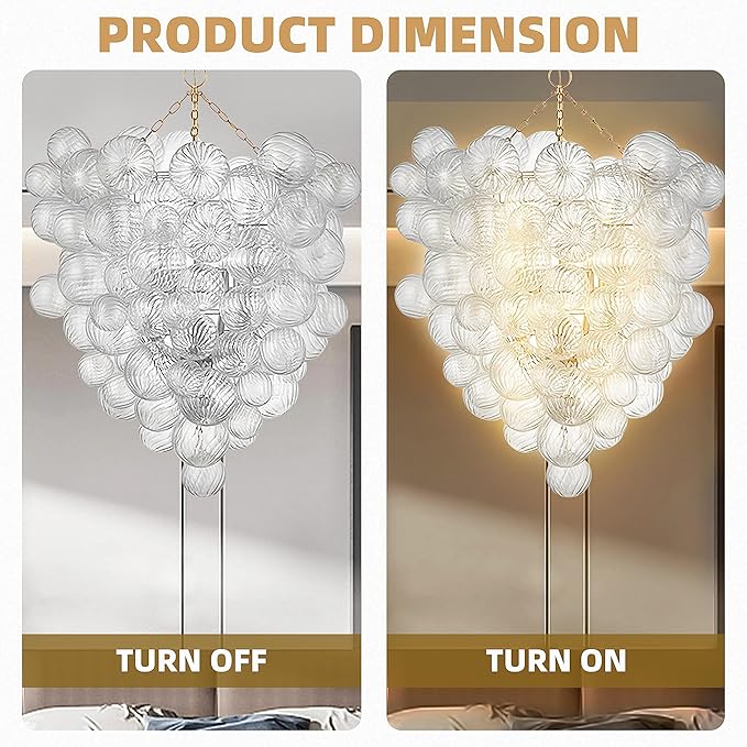 Extra Large Glass Bubble Chandelier 2-Layer 44" High Light Fixtures Mid-Century Swirled Clear Blown Glass Globe Chandeliers Pendant Lights for Stairway Living Room Entryway Foyer