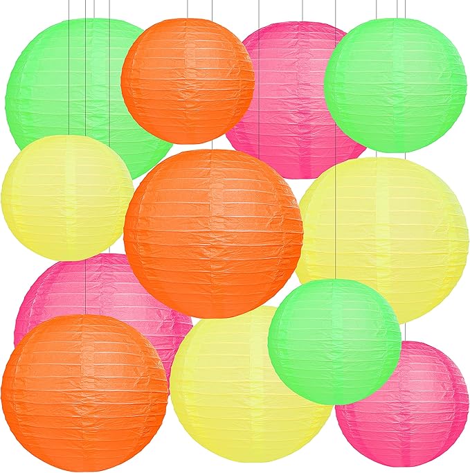 12 PCS Neon Party Decorations Tropical Party Decorations Colorful Paper Lanterns 10 in for Wedding Home Supplies (Neon)