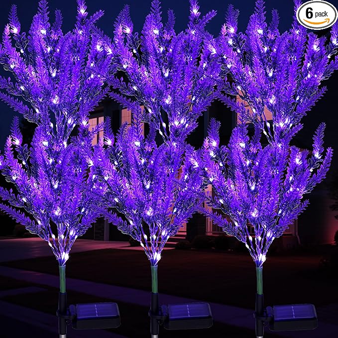Lavender Solar Garden Lights, 6 Pack Outdoor LED Flowers | 6 purple lavender solar flowers with LEDs; auto on/off, IP65 waterproof stakes for pathway, yard, patio and Halloween decor