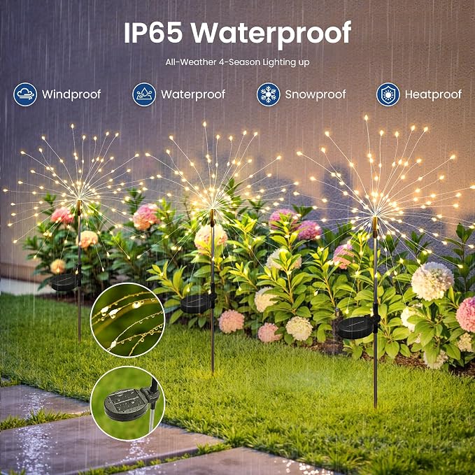 8Pack Solar Lights Outdoor, 120LED Firework Lights | Fireworks Lights Solar Powered, Waterproof Fairy Garden Lights Decor Outside for Yard Pathway Lawn Patio(Warm White)
