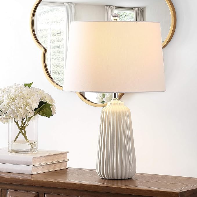 SAFAVIEH Lighting Collection Sawyer Modern Ivory Ceramic 24-inch Bedroom Living Room Home Office Desk Nightstand Table Lamp (LED Bulb Included)