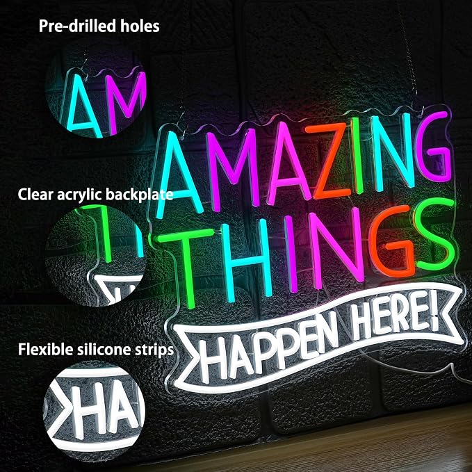 Amazing Things Happen Here Neon Sign Inspirational Rainbow Neon Light USB Powered Amazing Light LED Sign for Wall Decor Bar Club Party Home Room(16.54 * 11.02In)