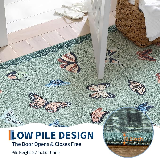 GarveeHome Butterfly Area Rug 2x6, No Slip Washable Rug, Modern Bedroom Rug Under Bed Ultra Carpet, Low-Profile Rugs for Living Room Bedroom Dining Room, Light Green