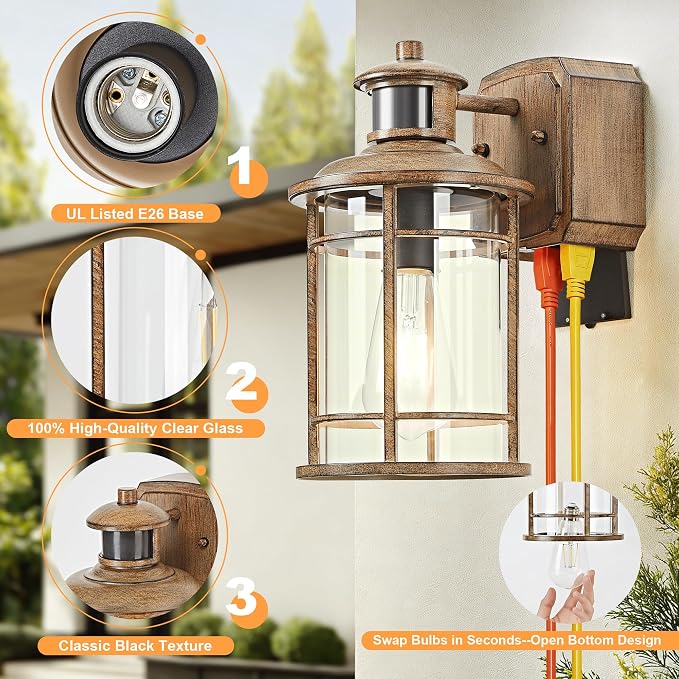 Upgraded Porch Lights with GFCI Outlet-Motion Sensor & Dusk to Dawn Outdoor Light Fixture,3 Lighting Modes Waterproof Anti-Rust Faux Wood Grain Outdoor Lights for House Porch Garage (2 Pack
