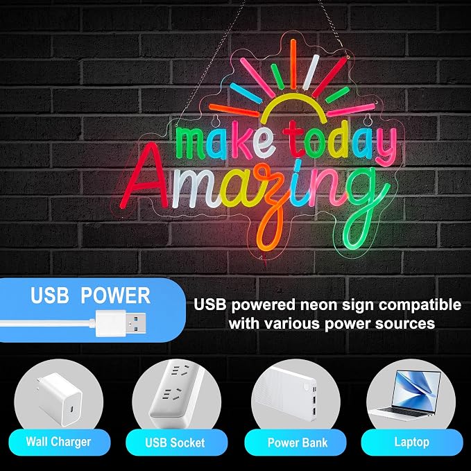 Make Today Amazing Neon Sign for Classroom Wall Decor Dimmable Positive and Upward Quote LED NeonLight USB Powered Rainbow Color Light Up Signfor Wedding Cafe Party Birthday School