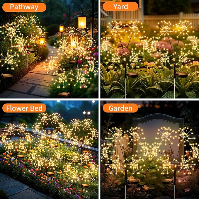2 Pack Solar Garden Lights Outdoor Waterproof, New Upgraded 6 Branches Firework Starburst Lights with 2 Modes, Solar Fairy Lights for Yard Garden Patio Pathway Party Decor - Warm White