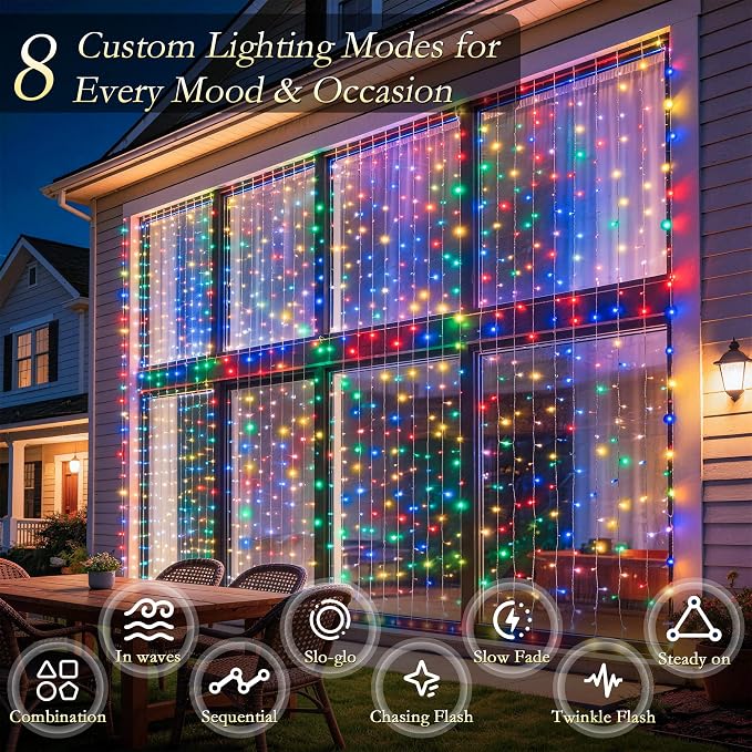 Curtain String Lights Indoor, 300LED 9.8 * 9.8FT USB Plug-in Window Curtain Lights with Timer and 8 Modes, Waterproof Multicolor Curtain Fairy Lights for Bedroom Room Wedding Outdoor Decor
