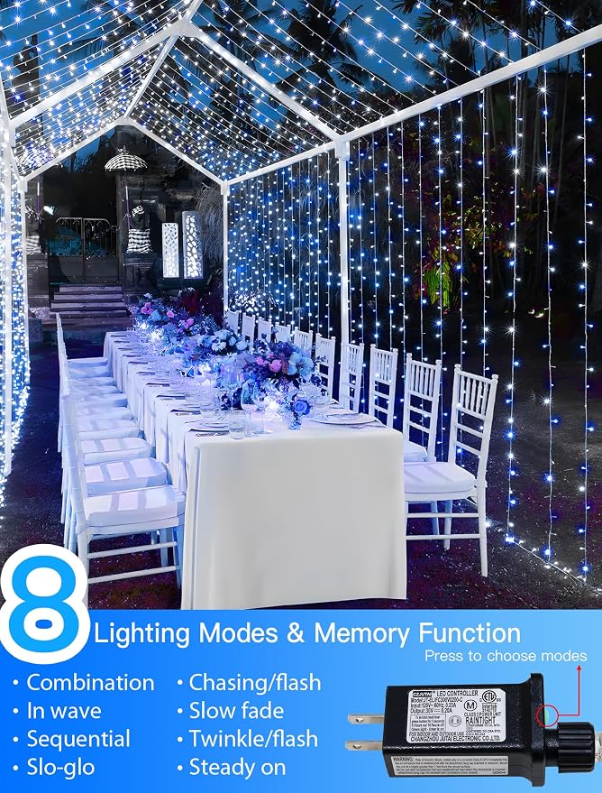 33FT 100 LED White Blue Christmas Fairy Twinkle String Lights Indoor | 8 Modes with Memory, Connectable, IP65 Waterproof, Transparent Wire, Up to 5 Sets, Widely use for Classroom, Bedroom, dorm