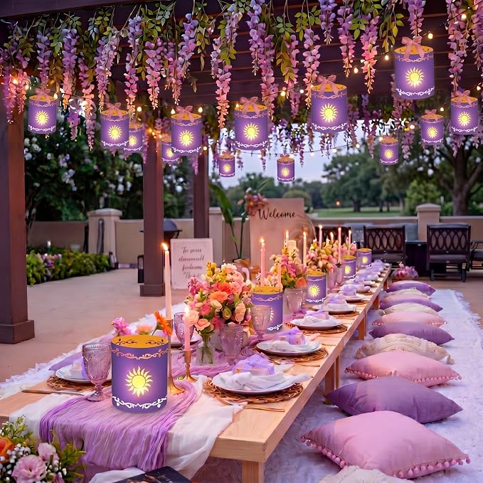 Fuyoooo 20 Set Paper Sun Lantern with LED Candles for Centerpieces LED Tea Lights with Paper Bags Battery Operation for Princess Wedding Party, Halloween, Christmas Decoration(Purple,Sun)