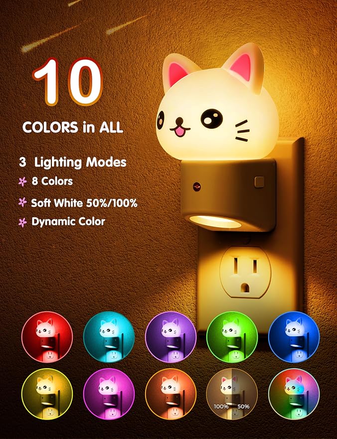 L LOHAS LED Night Light for Kids, 3D Cat Night Light Plug in | Dusk to Dawn Nursery Night Lights, RGB+Soft White 3000K, 3 Lighting Modes, Room Decor, Children