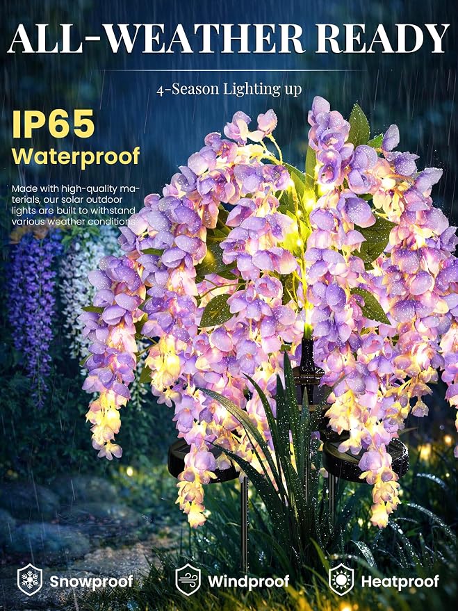 GIGALUMI 3 Pack Solar Wisteria Flowers Outdoor, 2 Modes, Purple | Flower Lights, IP65 Waterproof, Auto On/Off, Solar Powered, Garden Decor, for Pathway, Yard, Patio, Gardening Gifts for Women