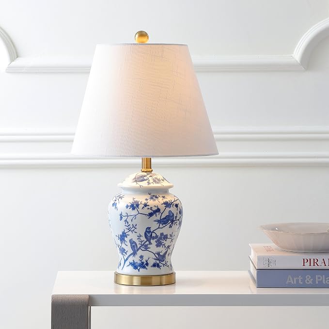 JONATHAN Y Penelope Ginger Jar 22" LED Table Lamp, Blue/White | Chinoiserie, Ceramic Metal Construction, French Country Traditional, Linen Empire Shade, Brass Gold, LED Bulb Included