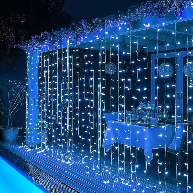 Dazzle Bright 300 LED Curtain String Lights, Christmas Fairy Lights for Bedroom with 8 Lighting Modes, Connectable Waterproof Window Lights Party Wedding Garden Wall Decor, Blue