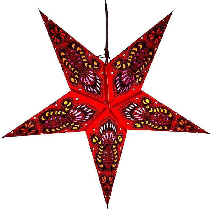 Peacock Paper Star (Red) Lantern with 12 Foot Power Cord Included
