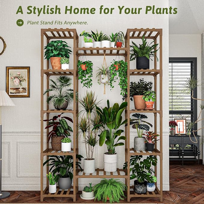 GENTINGBRO Plant Stand Indoor Outdoor 62.2“ Tall Plant Shelf Large Tiered Flower Stands for Multiple Display Wood Hanging Planter Holder for Living Room Garden Balcony Patio Decor
