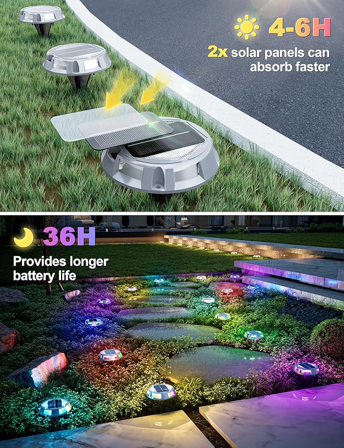 VOLISUN Solar Driveway Dock Deck Markers Marine Lights 12 Pack,9 Colors in 1 Led IP67 Waterproof Outdoor Warning Step Lights for Driveway Sidewalk Walkway Pathway RGB