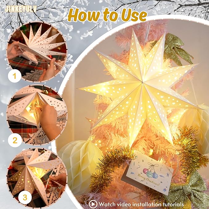 Paper Star Lantern 3PCS Christmas Paper Stars Lantern 13.78 inch 9 Points Paper Star Lantern Hanging 3D Christmas Paper Star Hanging Star Foldable for Wedding Xmas White decoración navideña