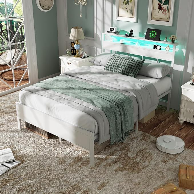 Full Size Bed Frame White, Storage Headboard, LED Lights & Charger | 2-Tier Wood Shelves,12 Metal Slats,Noise-Free,No Box Spring,12.6" Under-Bed Storage,USB & Type-C Ports,Easy Assembly,700lbs.