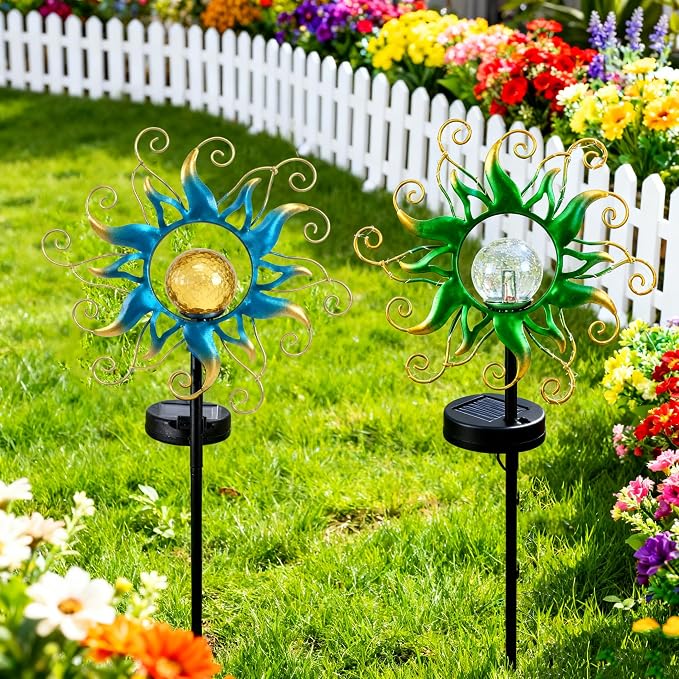 ZHQIAN Solar Lights Outdoor Garden Decor, Blue Metal Sun Crackle Glass Globe Stake Waterproof 30LED Decorations Unique Gifts for Women,Mom,Outside, Patio,Lawn,Yard,Pathway