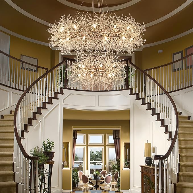 Wellmet Gold Crystal Chandelier 43.3 Inch 2 Tier Modern Firework Chandelier,Mid Century Round Ceiling Lighting for High Ceiling Light for Bedroom Dining Room,Kitchen,Living Room,Entryway,Hallway
