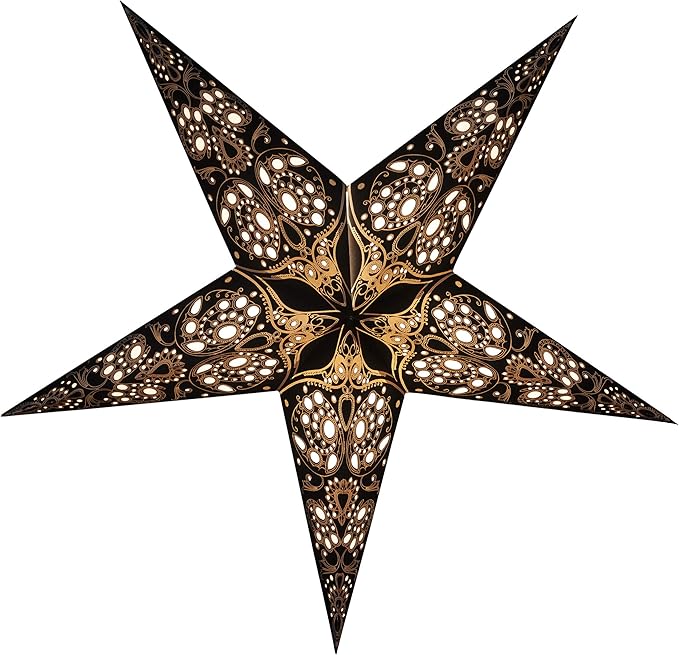 GalaxyArts Paper Star Lantern, 24 Inch Maharani Black 3D Light-Up 5-Point Hanging Lamp, Handcrafted Hollow Out Decoration for Christmas, Weddings, Birthday, Parties, Indoor Outdoor Holiday Home Décor