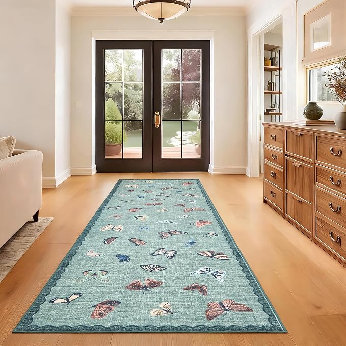 GarveeHome Butterfly Area Rug 2x6, No Slip Washable Rug, Modern Bedroom Rug Under Bed Ultra Carpet, Low-Profile Rugs for Living Room Bedroom Dining Room, Light Green