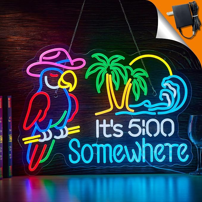 Large Size Parrot Its 5 00 O'clock Somewhere Neon Sign Bar Beer Beach Decor | Palm Tree LED Lights Tropical Coconut It's Five O'clock Some Where Light Up Signs 12v AC Dimmable Man Cave (24 inch)