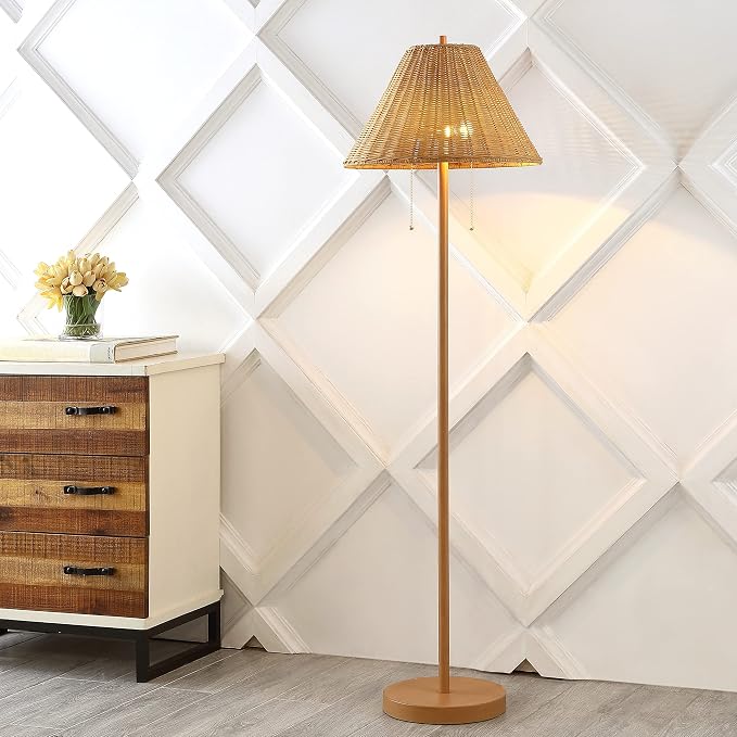 JONATHAN Y Nando 2-Light Coastal Rattan Floor Lamp 61", Brown Wood Finish | Mid-Century Modern, Standing Lamp, Metal Base, Pull-Chain Switch, Woven Coolie Shade, LED Bulbs Included