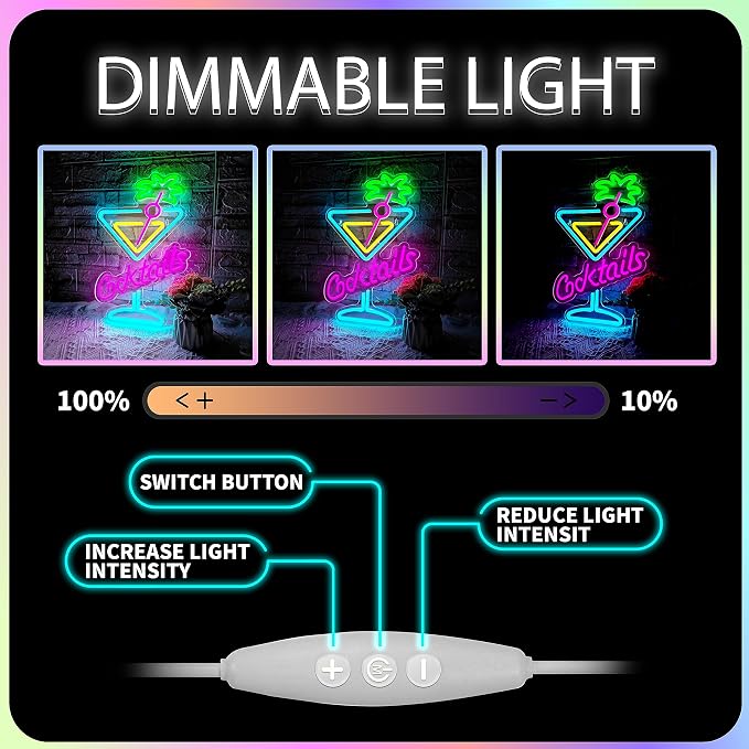 Cocktails Neon Sign Cocktail Glass LED Neon Signs Art Wall Lights for Beer Bar Decor Dimmable USB Powered Martini LED Neon Light for Party, Cocktails Bar, Pub, Night Club, Man Cave Decoration