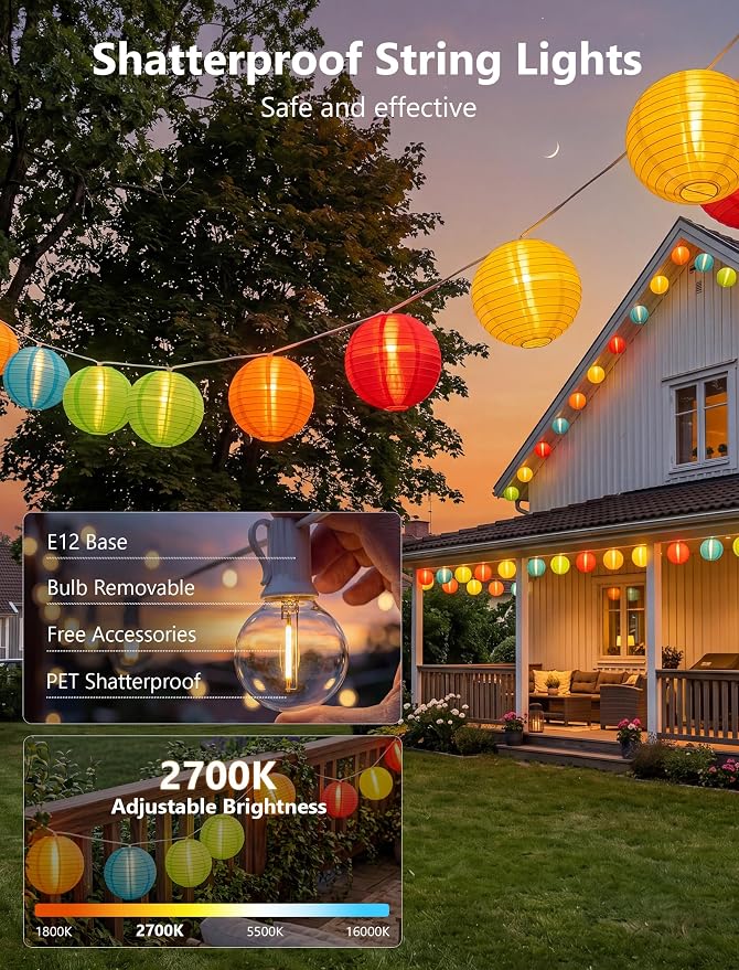 25FT Colorful Lantern String Lights Outdoor Waterproof, 10 Nylon 8-Inch Hanging Lanterns with 11 G40 LED Bulbs, End-to-End Connectable Decorative Patio Lights for Party, Garden, Backyard