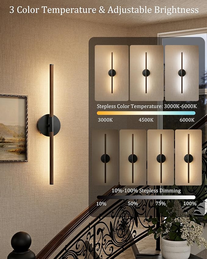 32" Battery Operated Wall Sconce Set of 2, 350° Rotating Lamp, Walnut Black | Wireless, 8000mAh Rechargeable Battery, Stepless Dimming, 3000K-6000K, Remote & Touch Control, Timer, Living Room, Bedroom